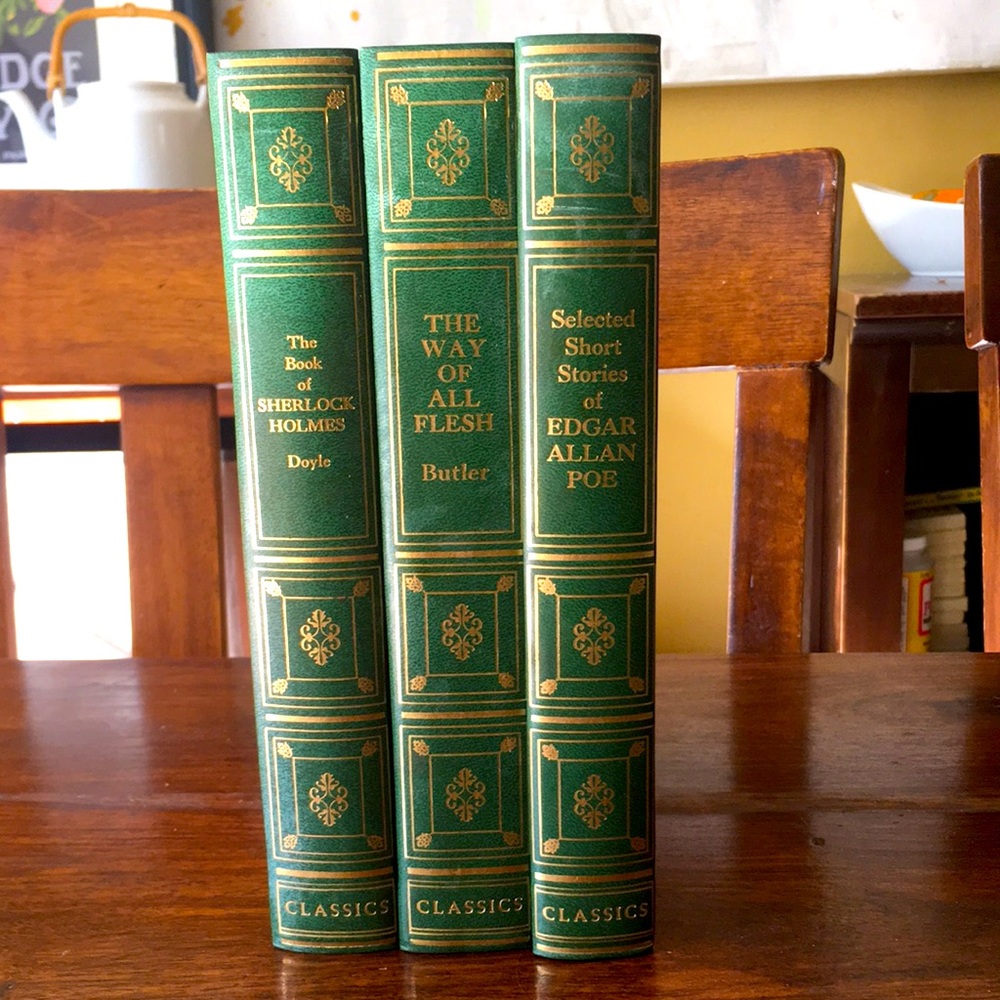 3 Green Gold Vintage Hardcover Book Stack Interior Decor Poe Doyle Butler 50s